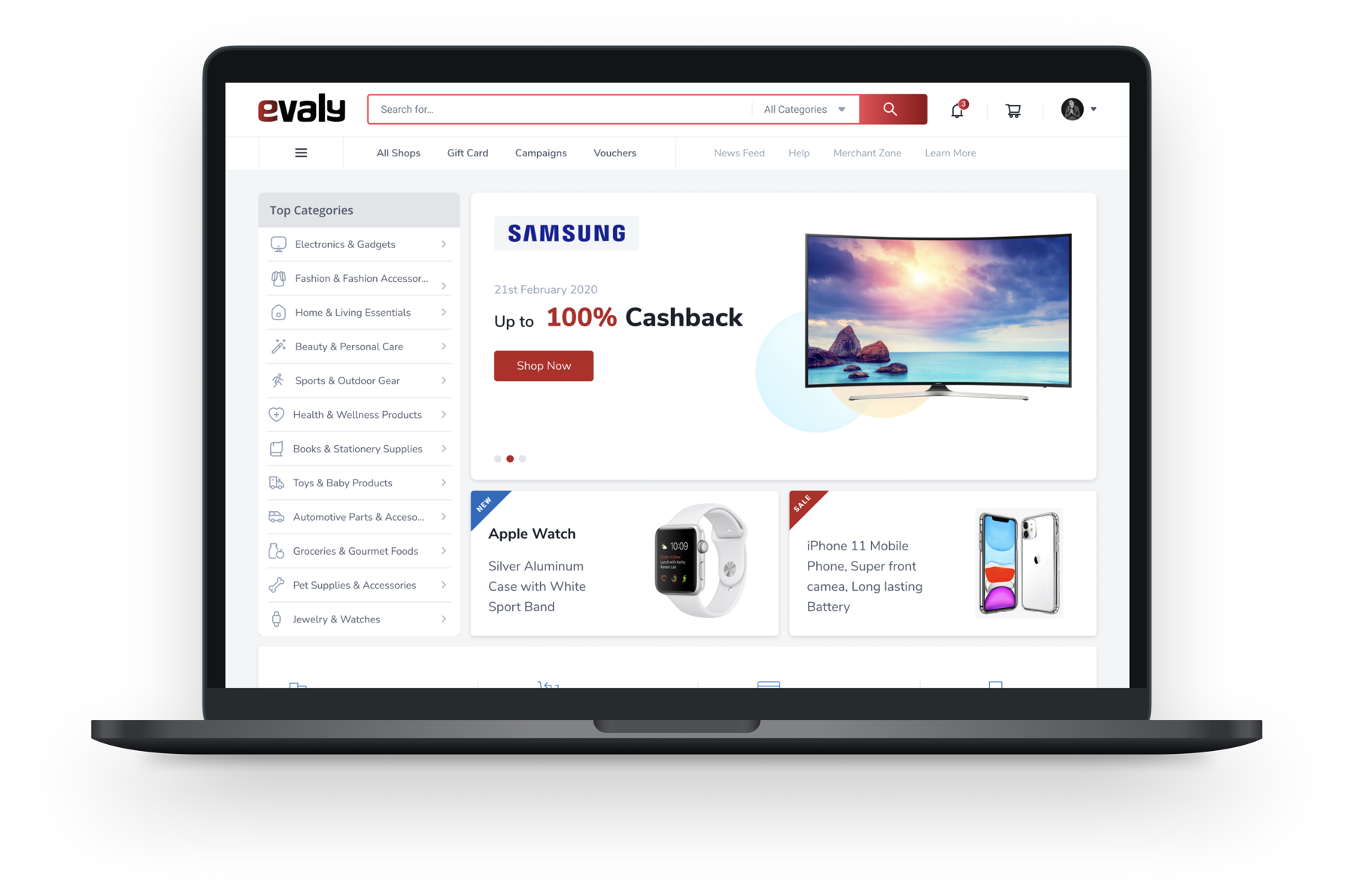 Evaly redesigned homepage on laptop — category sidebar, hero banner, trending products
